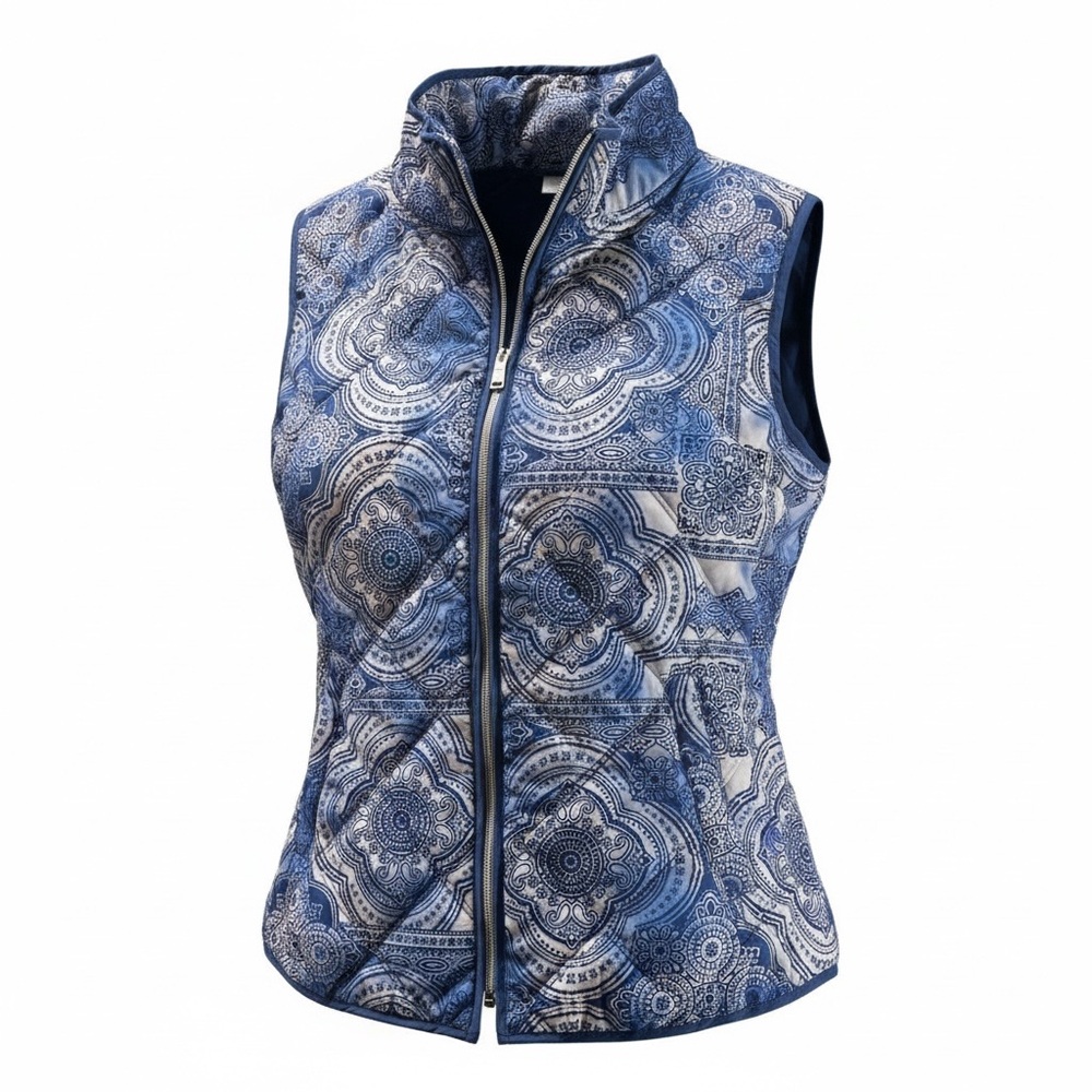 Onque Casuals Women Medium Detailed Quilt Vest blue intricate medallion design